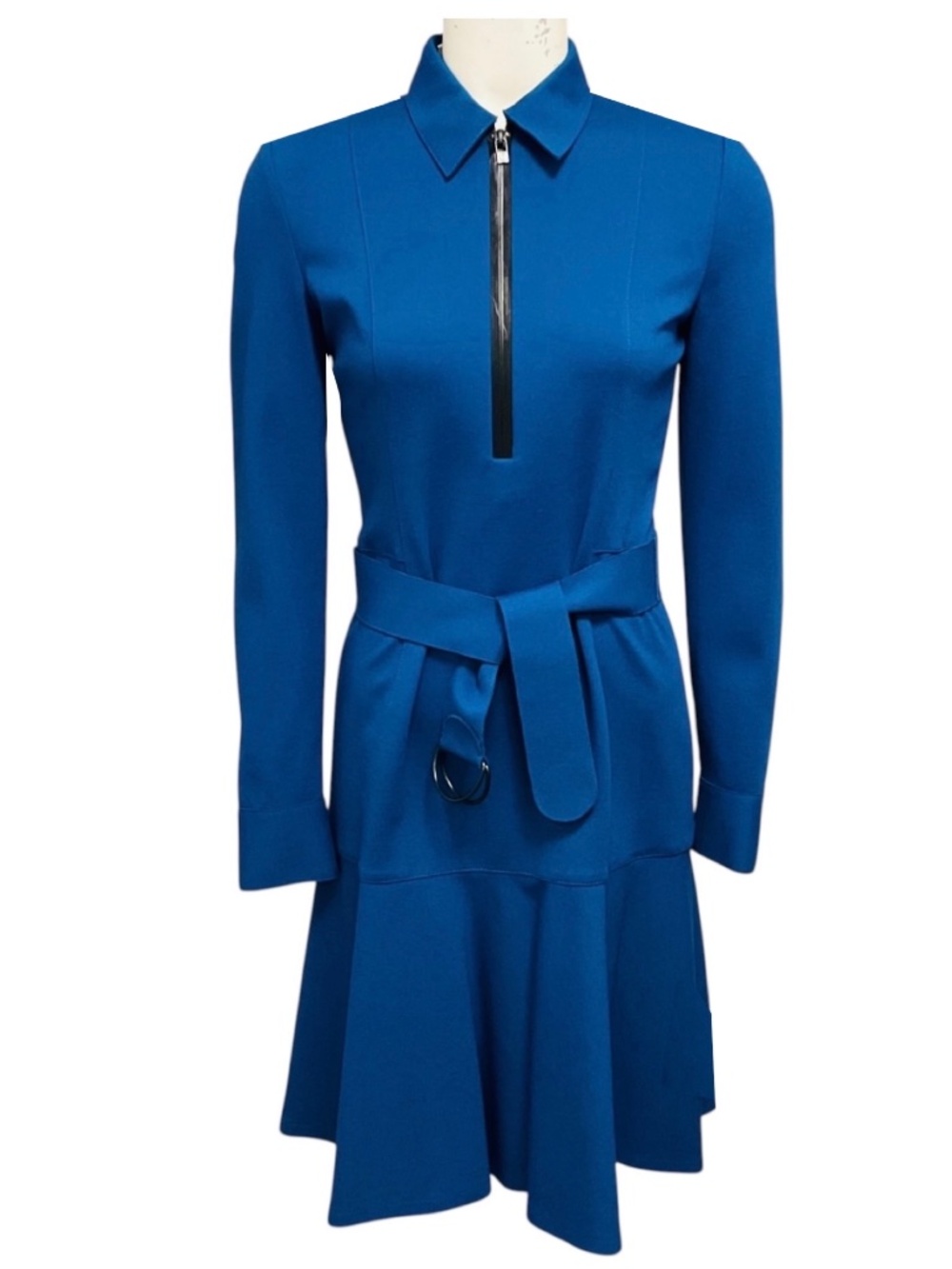 AKRIS PUNTO INK BLUE LONG SLEEVED VISCOSE STRETCH DRESS WITH BELT